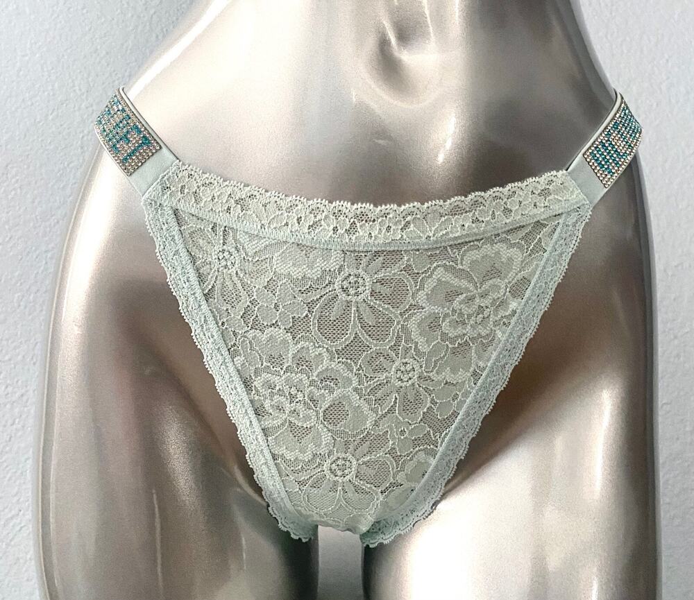 Victoria's Secret Thong Panty Aqua Rhinestone Shine Strap Sexy Lacie Lace XL